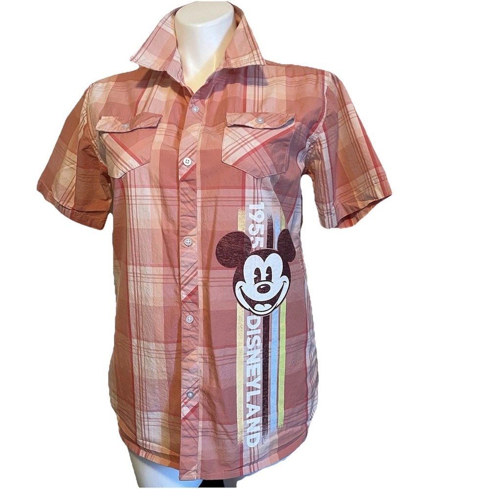 Disney Parks Disneyland Camp Shirt Men's M Plaid Button Up Mickey Mouse Retro